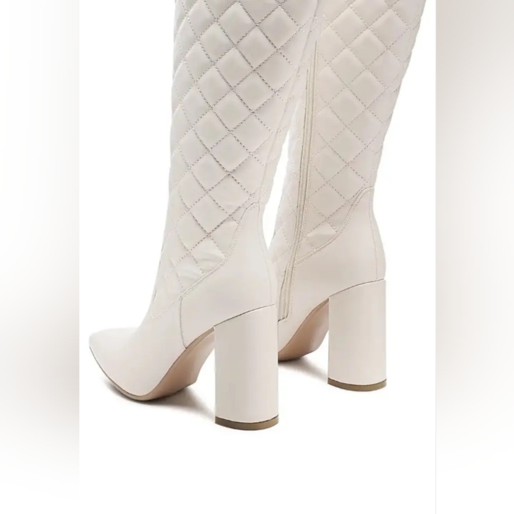White Quilt Knee High Block Heeled Boots - Picture 2 of 5